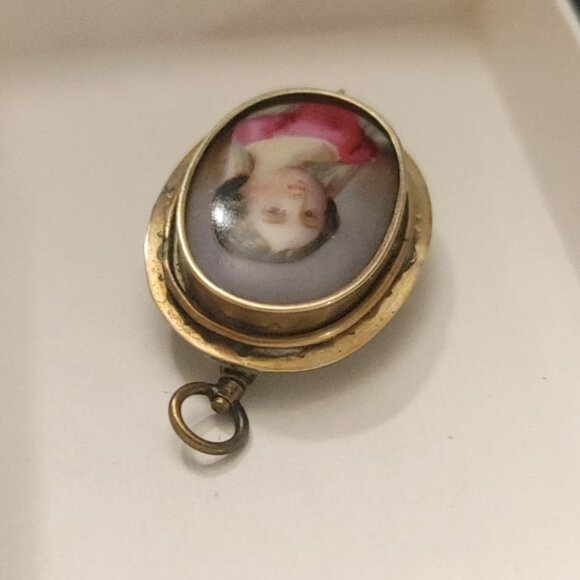 Victorian Antique Brooch Pendant Hand Painted Porcelain Portrait Gold Tone Oval - Picture 5 of 16